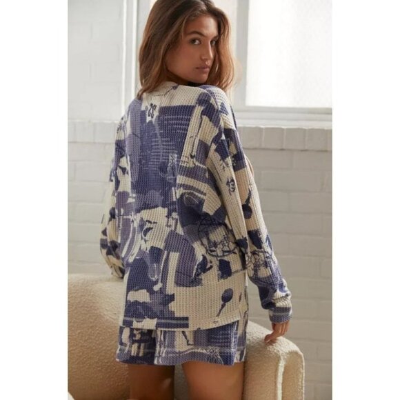 Urban Outfitters Out From Under  Blue & White Lace-Up Knit Henley Top size S - Picture 3 of 13